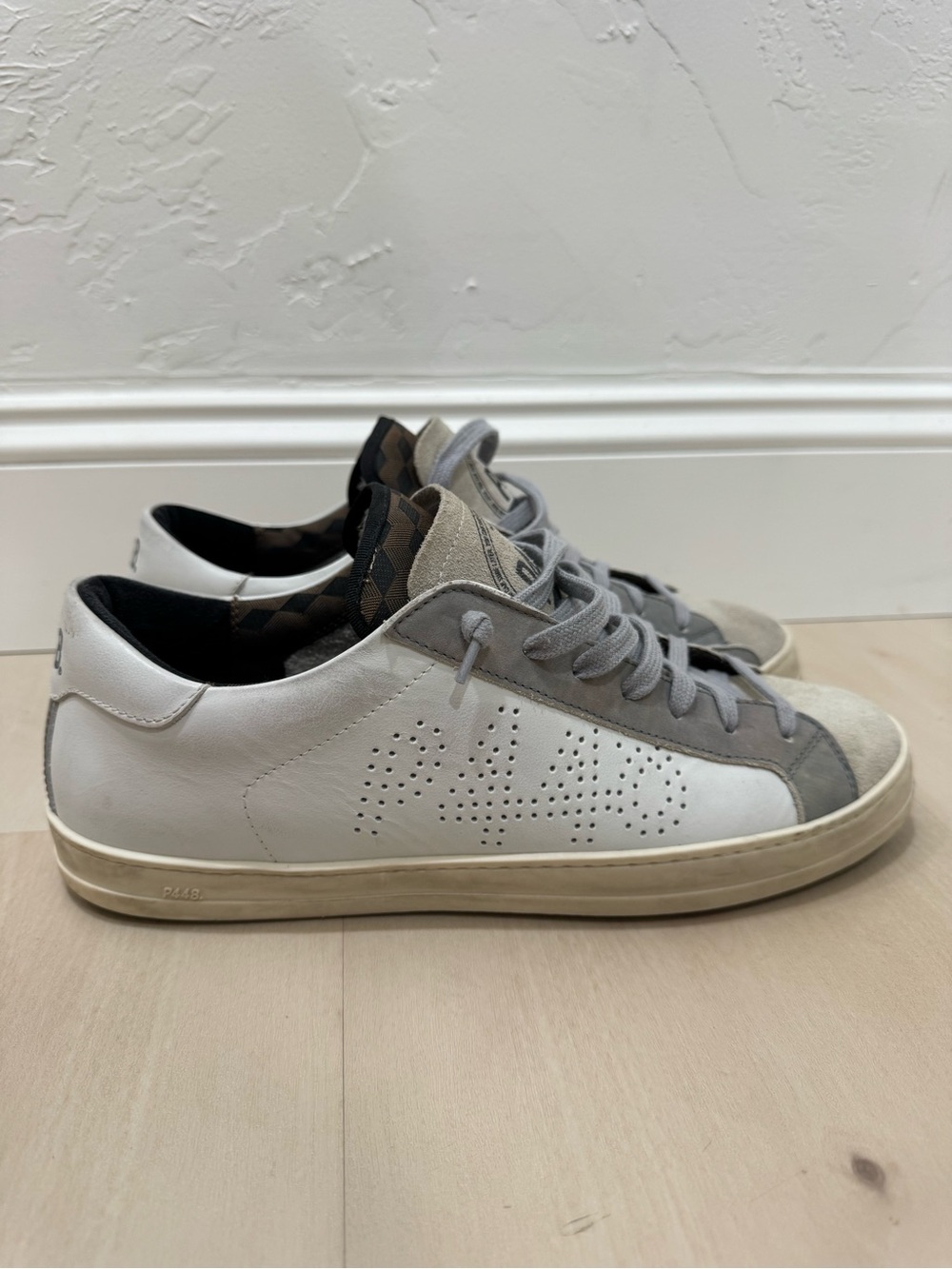 P448 Low Top Sneaker White Grey Leather Suede Men's 44 = US 10.5-11 - Picture 2 of 14
